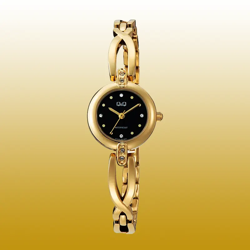 Q&Q Black Dial Gold-tone Trandy Ladies Watch- F06A-003PY